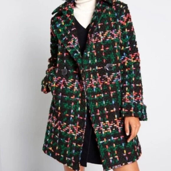 Pepaloves Piccadilly Tweed Boucle Coat - size XL Anthropologie Black Green Pink - Picture 1 of 11
